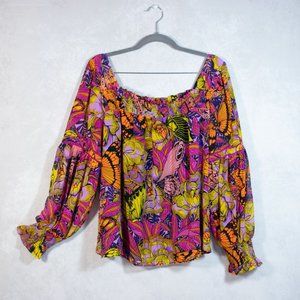 Anthropologie Alexandra Farmer Puff-Sleeve Blouse Floral Boho Top Size LP
